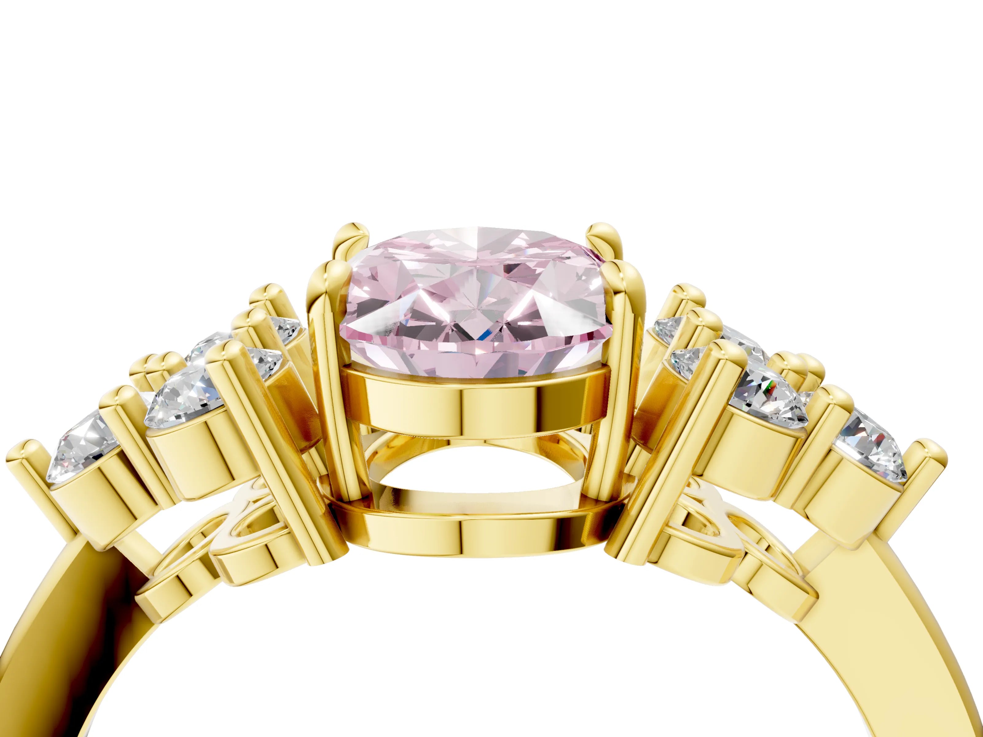 Yellow gold Fancy Pink Oval Cut Brilliant Diamond Cluster Accent Solitaire Ring with Prong Setting_4