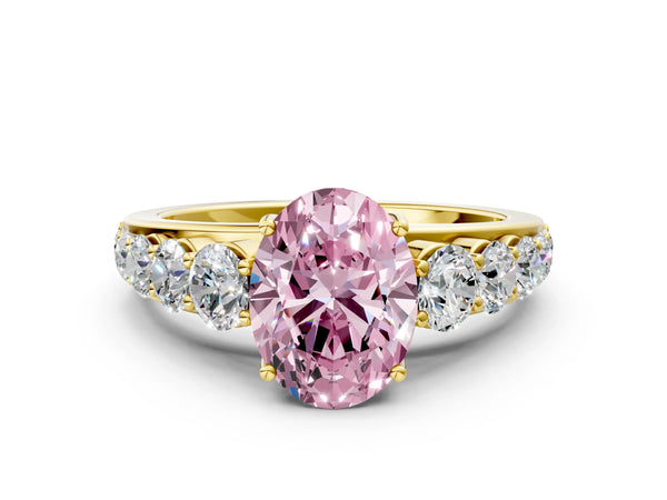 Yellow gold Fancy Pink Oval Cut Brilliant Diamond Pavé Band with Six-Prong Setting