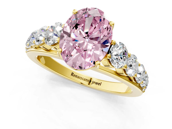 Yellow gold Fancy Pink Oval Cut Brilliant Diamond Pavé Band with Six-Prong Setting