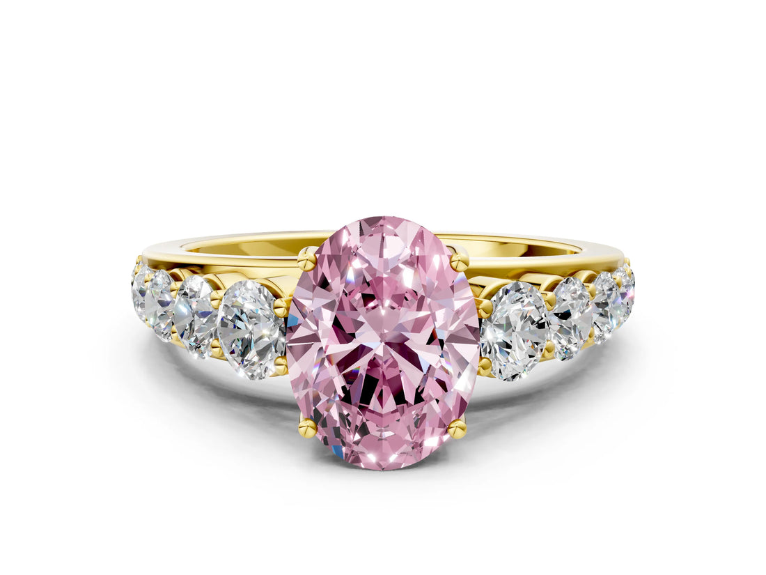 Yellow gold Fancy Pink Oval Cut Brilliant Diamond Pavé Band with Six-Prong Setting_12