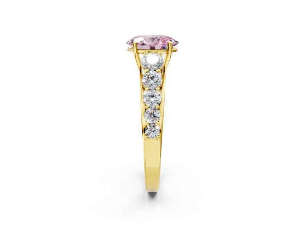 Yellow gold Fancy Pink Oval Cut Brilliant Diamond Pavé Band with Six-Prong Setting
