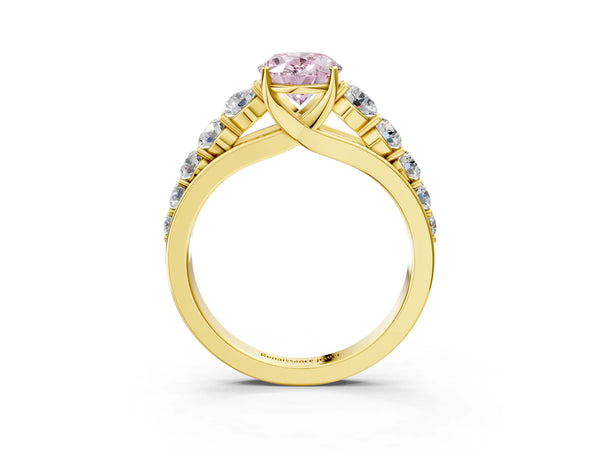 Yellow gold Fancy Pink Oval Cut Brilliant Diamond Pavé Band with Six-Prong Setting