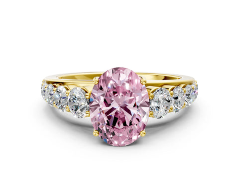 Yellow gold Fancy Pink Oval Cut Brilliant Diamond Pavé Band with Six-Prong Setting