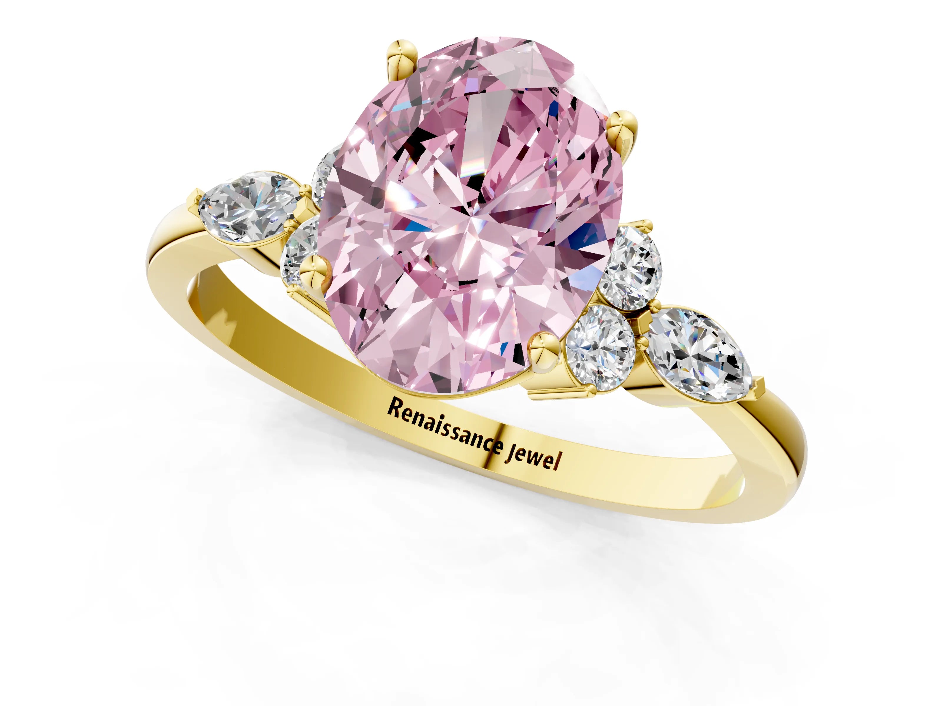 Yellow gold Fancy Pink Oval Cut Brilliant Diamond Solitaire Ring with Pear Side Stones and Four-Prong Setting_4