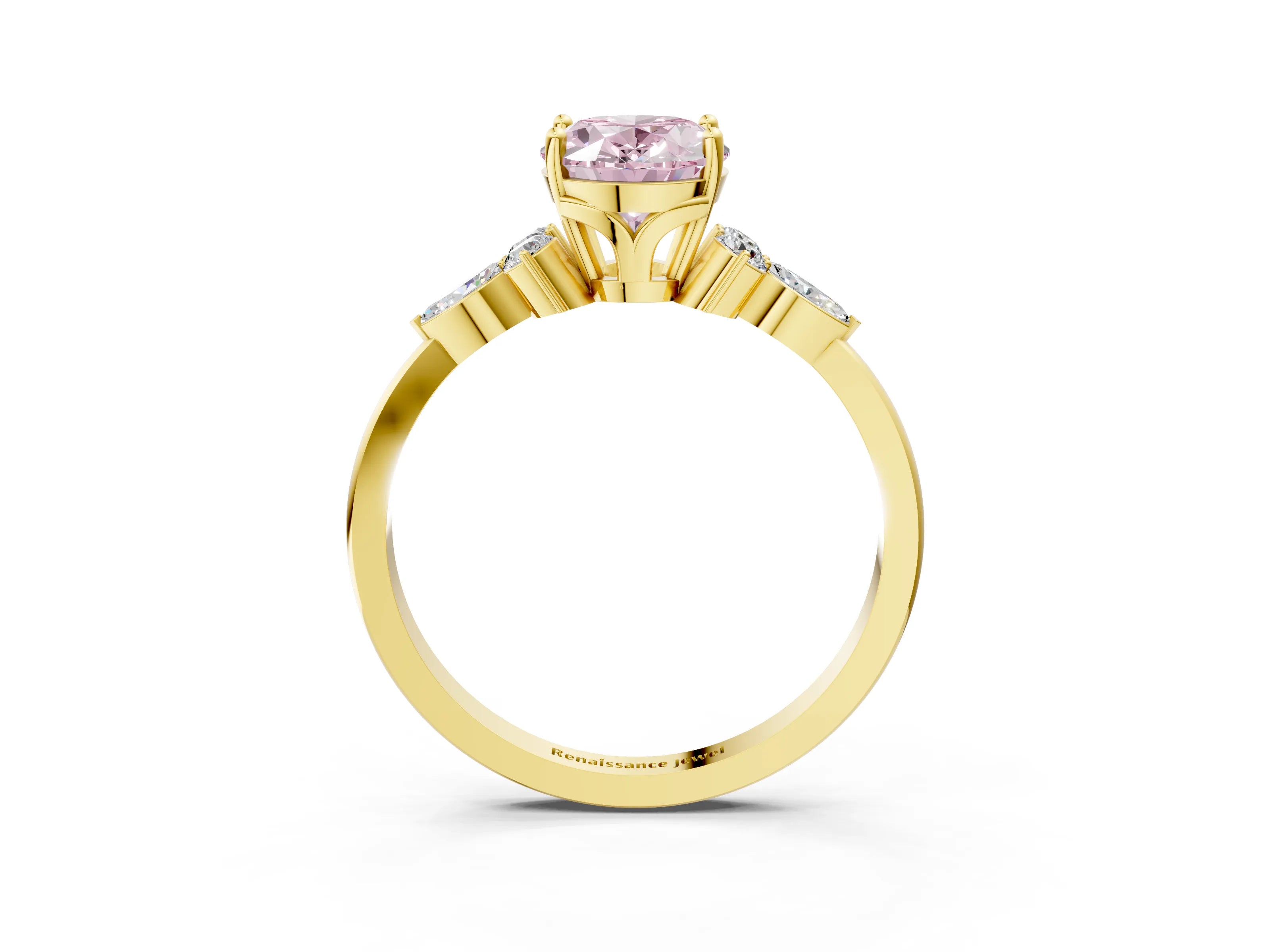 Yellow gold Fancy Pink Oval Cut Brilliant Diamond Solitaire Ring with Pear Side Stones and Four-Prong Setting_6