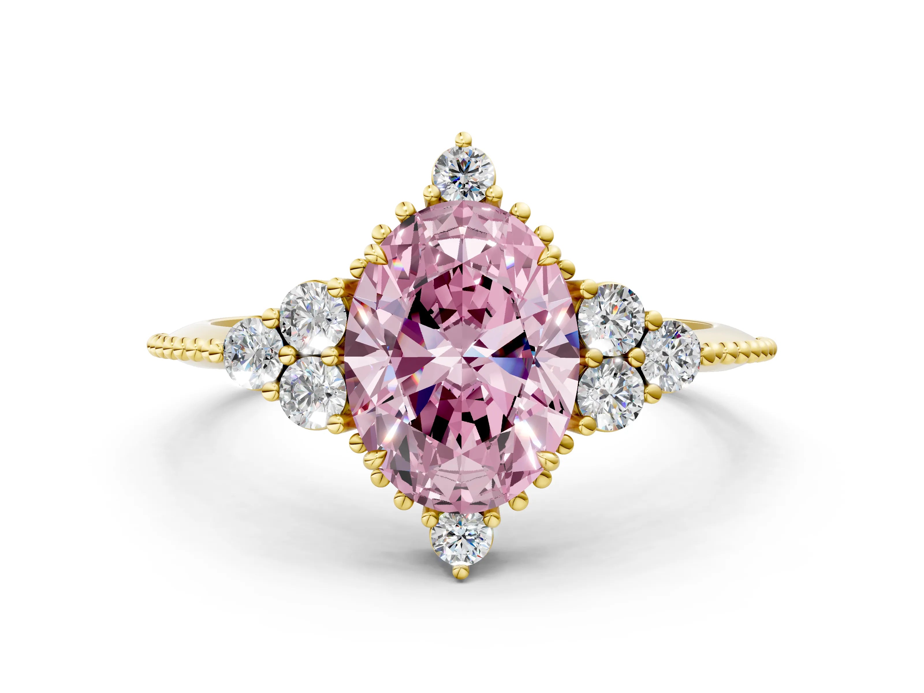 Yellow gold Fancy Pink Oval Cut Brilliant Diamond with Cluster Setting on a Beaded Band and Four-Prong Setting