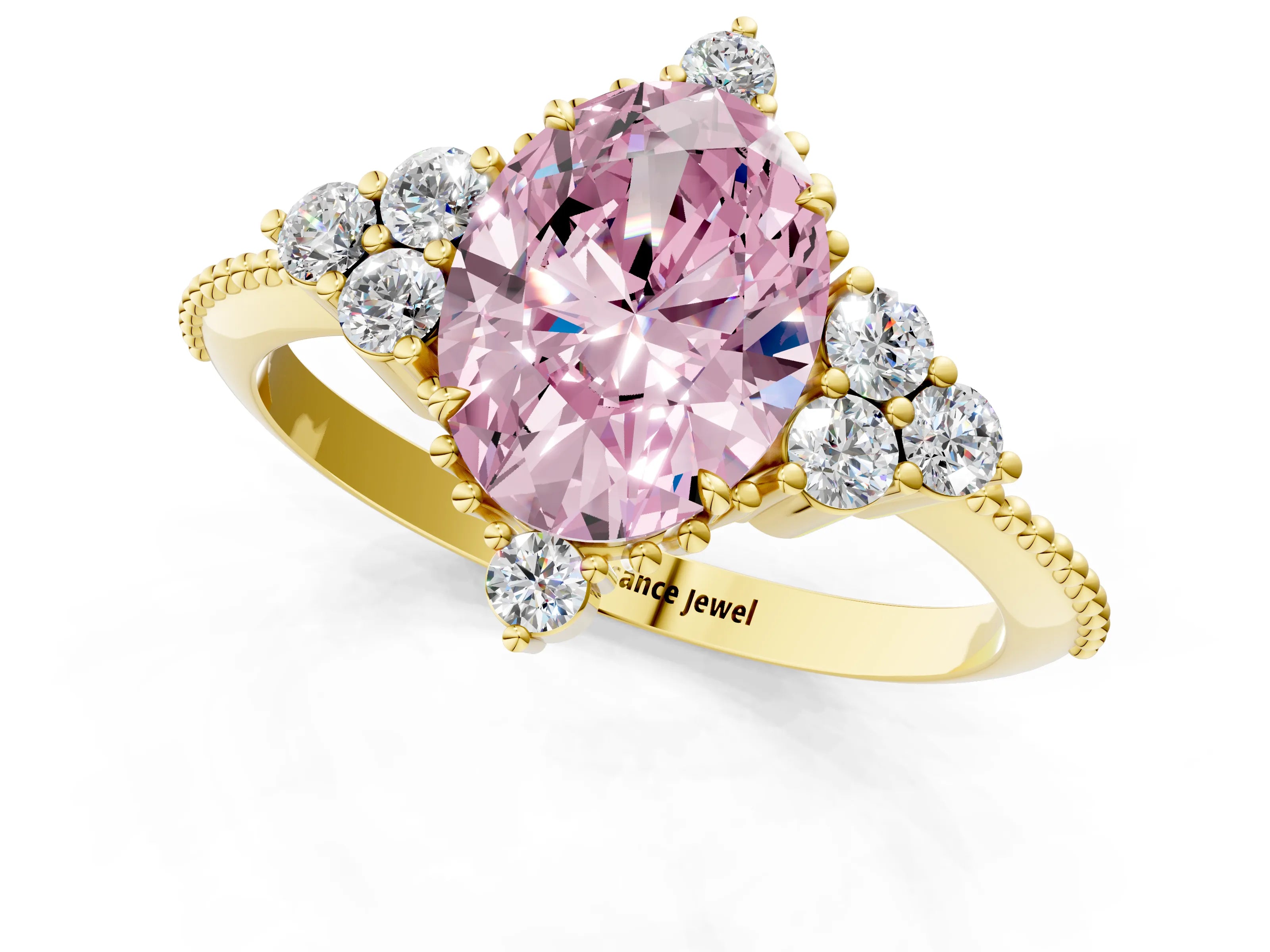 Yellow gold Fancy Pink Oval Cut Brilliant Diamond with Cluster Setting on a Beaded Band and Four-Prong Setting_1
