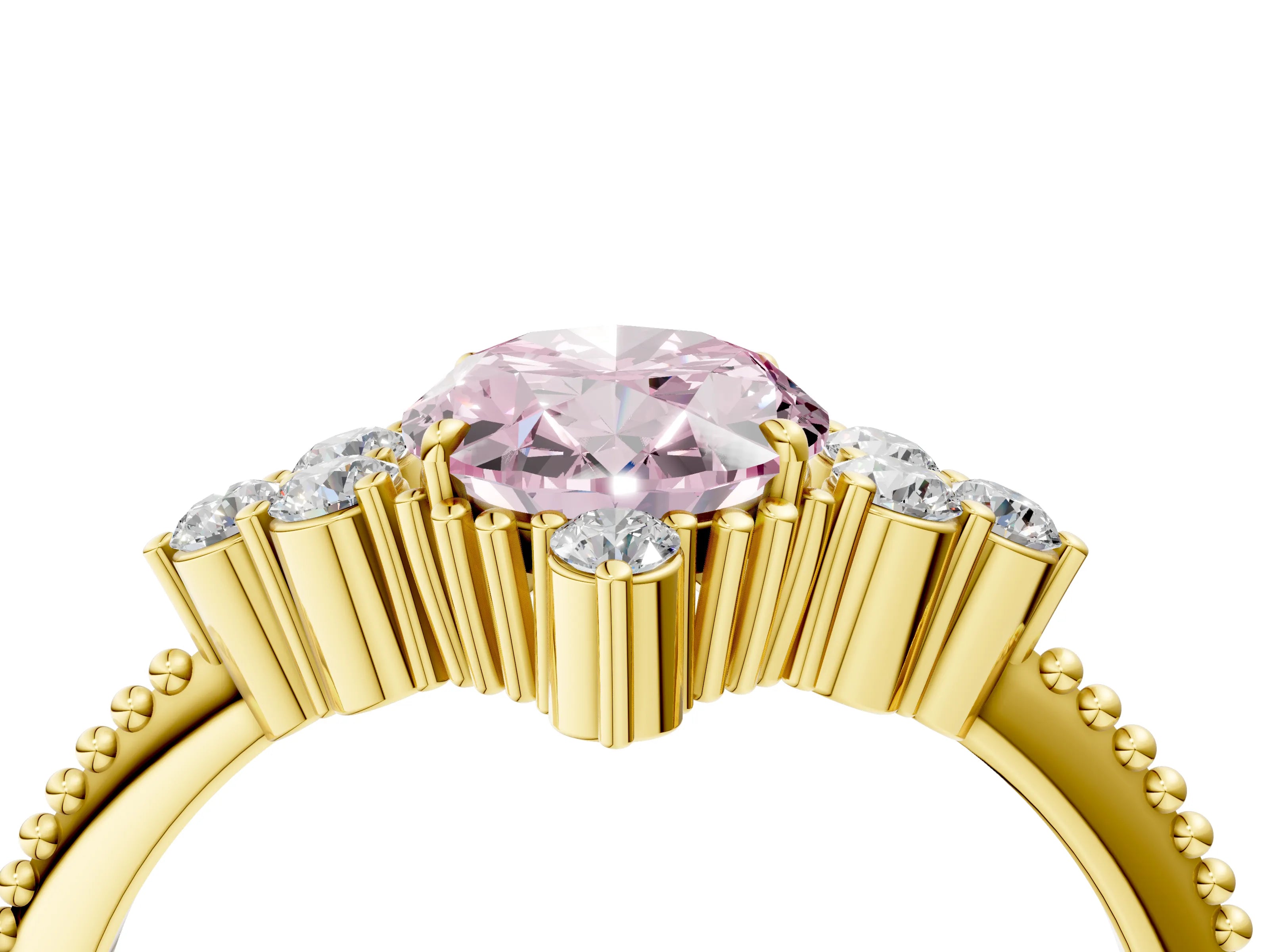 Yellow gold Fancy Pink Oval Cut Brilliant Diamond with Cluster Setting on a Beaded Band and Four-Prong Setting_4