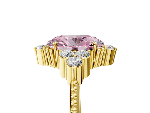Yellow gold Fancy Pink Oval Cut Brilliant Diamond with Cluster Setting on a Beaded Band and Four-Prong Setting_5