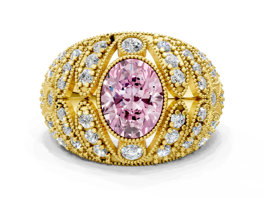 Yellow gold Fancy Pink Oval Cut Brilliant Halo Pave Diamond Milgrain Ring
