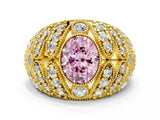 Yellow gold Fancy Pink Oval Cut Brilliant Halo Pave Diamond Milgrain Ring