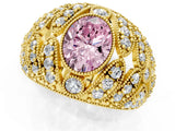 Yellow gold Fancy Pink Oval Cut Brilliant Halo Pave Diamond Milgrain Ring_1