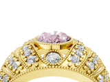 Yellow gold Fancy Pink Oval Cut Brilliant Halo Pave Diamond Milgrain Ring_4