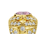 Yellow gold Fancy Pink Oval Cut Brilliant Halo Pave Diamond Milgrain Ring_5