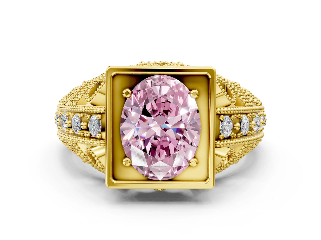 Yellow gold Fancy Pink Oval Cut Brilliant Milgrain Filigree Diamond Ring with Square Prong Setting