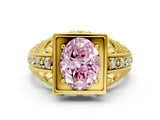 Yellow gold Fancy Pink Oval Cut Brilliant Milgrain Filigree Diamond Ring with Square Prong Setting