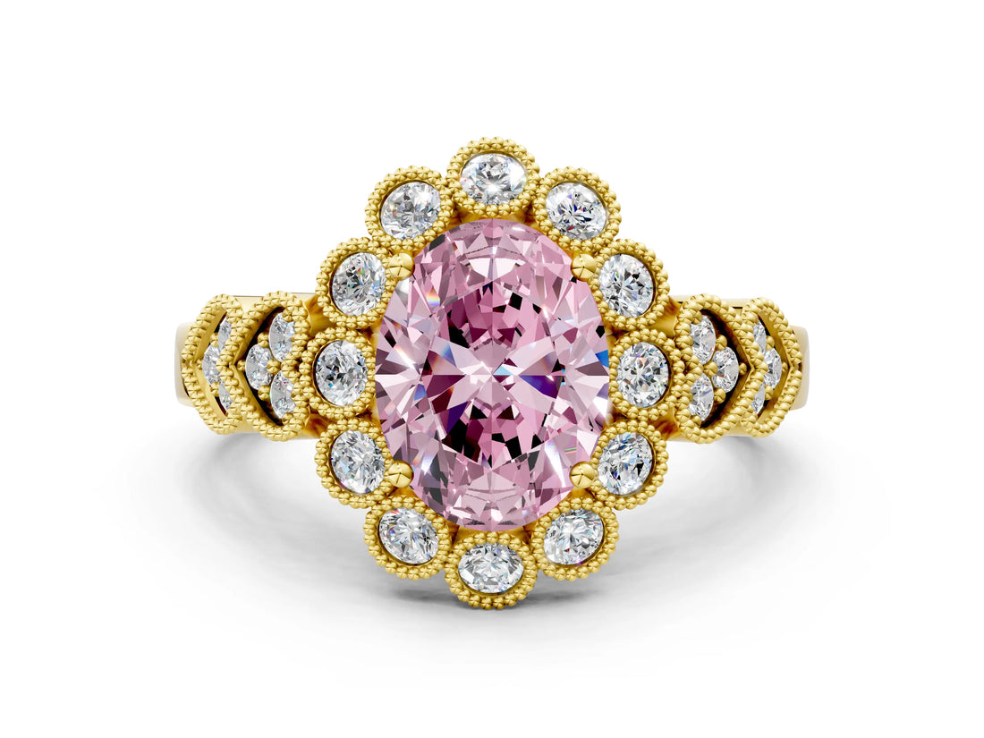 Yellow gold Fancy Pink Oval Cut Brilliant Milgrain Pave Heart Band Solitaire Ring