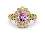 Yellow gold Fancy Pink Oval Cut Brilliant Milgrain Pave Heart Band Solitaire Ring
