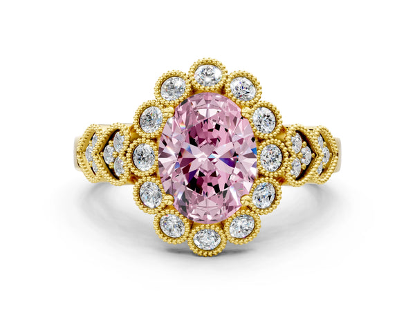 Yellow gold Fancy Pink Oval Cut Brilliant Milgrain Pave Heart Band Solitaire Ring