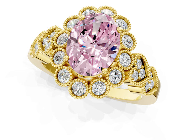 Yellow gold Fancy Pink Oval Cut Brilliant Milgrain Pave Heart Band Solitaire Ring