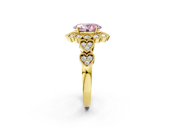 Yellow gold Fancy Pink Oval Cut Brilliant Milgrain Pave Heart Band Solitaire Ring