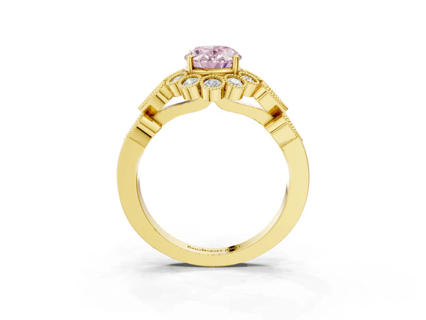 Yellow gold Fancy Pink Oval Cut Brilliant Milgrain Pave Heart Band Solitaire Ring