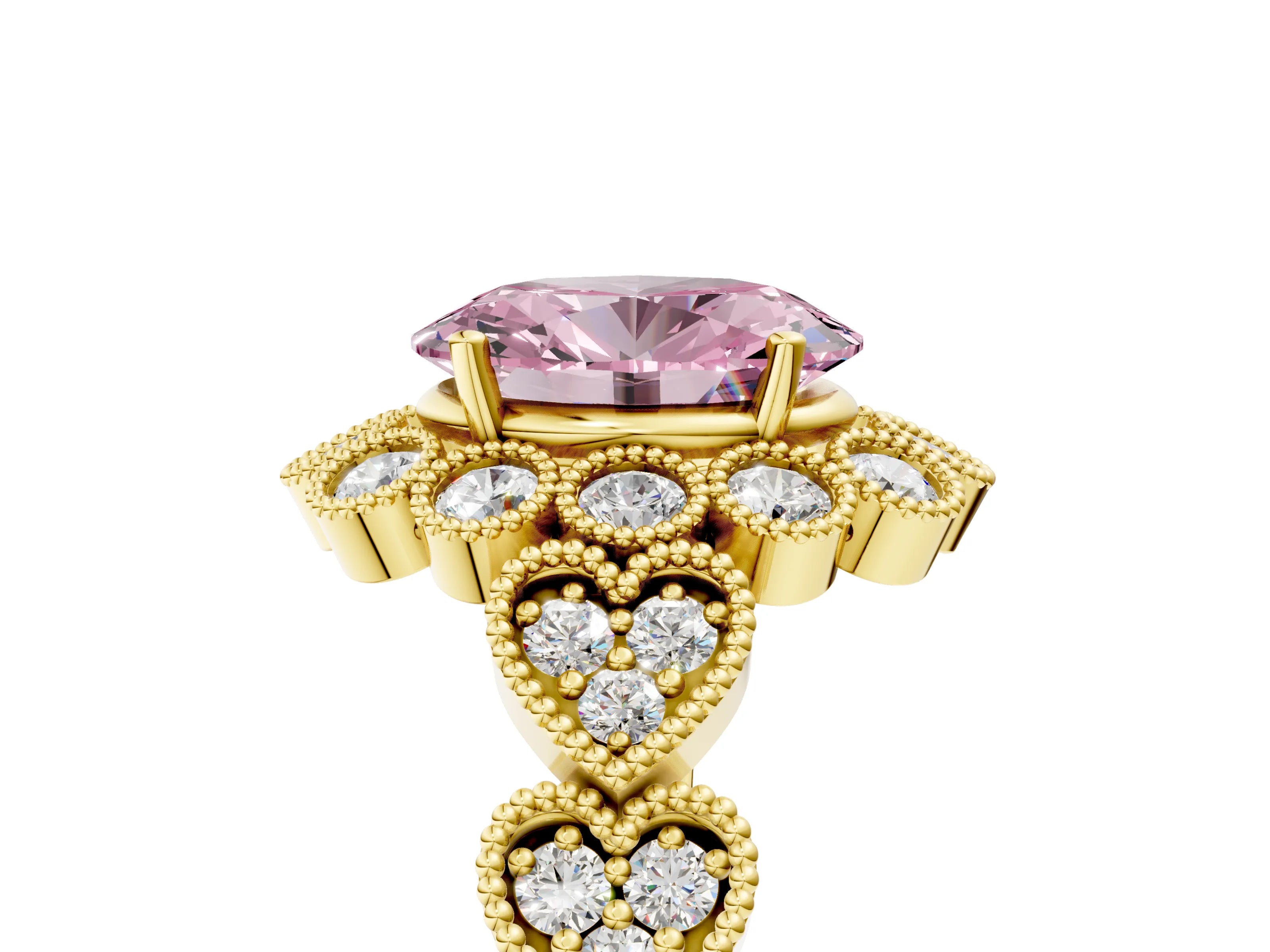 Yellow gold Fancy Pink Oval Cut Brilliant Milgrain Pave Heart Band Solitaire Ring_5