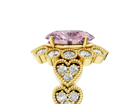 Yellow gold Fancy Pink Oval Cut Brilliant Milgrain Pave Heart Band Solitaire Ring_5