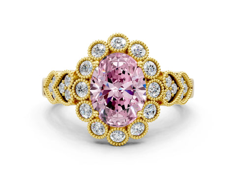 Yellow gold Fancy Pink Oval Cut Brilliant Milgrain Pave Heart Band Solitaire Ring
