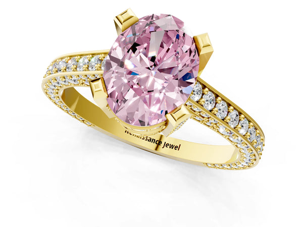 Yellow gold Fancy Pink Oval Cut Brilliant Split Shank Pave Solitaire Ring with Four-Prong Setting
