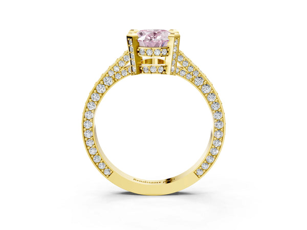 Yellow gold Fancy Pink Oval Cut Brilliant Split Shank Pave Solitaire Ring with Four-Prong Setting