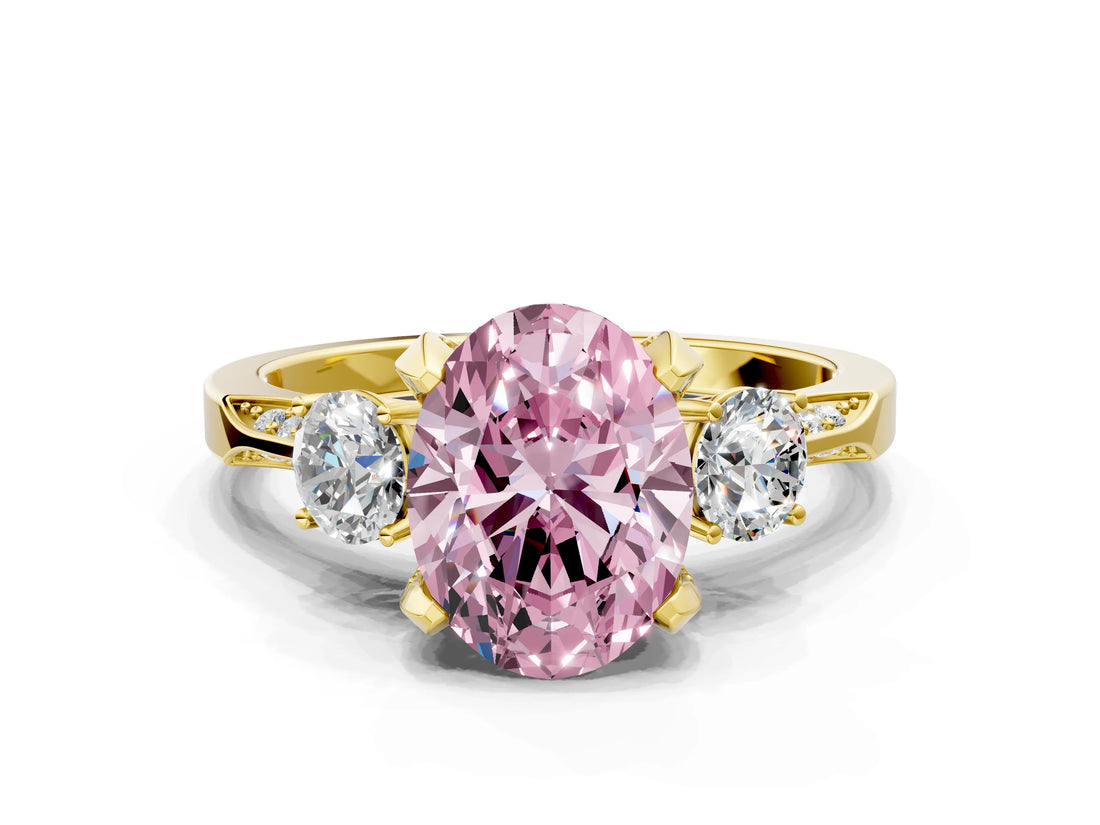 Yellow gold Fancy Pink Oval Cut Brilliant Three-Stone Diamond Ring with Pavé Band and Four-Prong Setting_3