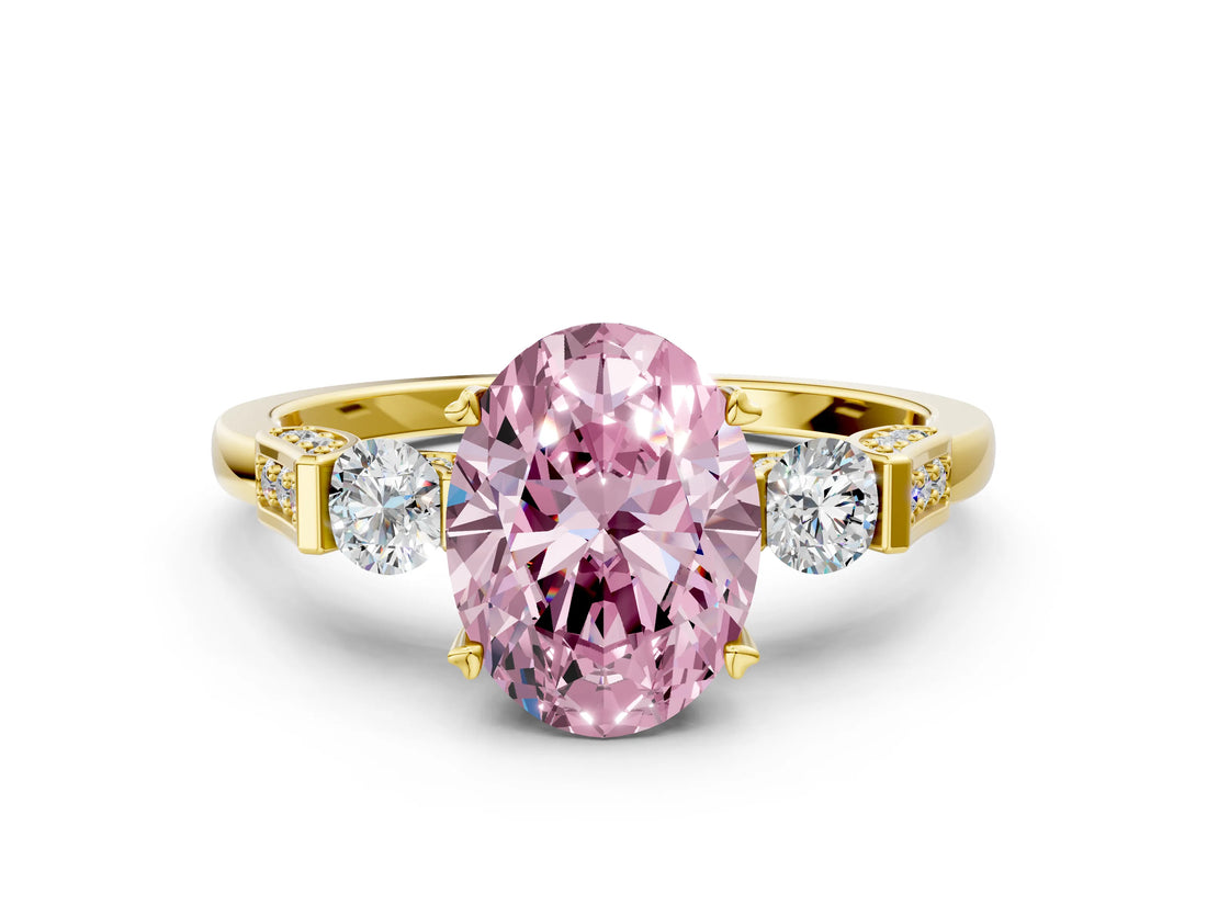 Yellow gold Fancy Pink Oval Cut Brilliant Three-Stone Pave Band with Four-Prong Setting_6