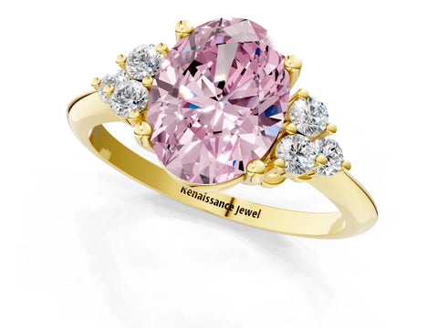 Yellow gold Fancy Pink Oval Cut Cut Diamond Cluster Ring with Solitaire Band and Four-Prong Setting_13