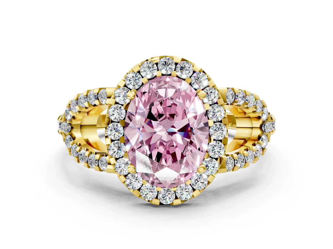 Yellow gold Fancy Pink Oval Cut Cut Diamond Halo Engagement Ring with Open Split Pavé Band