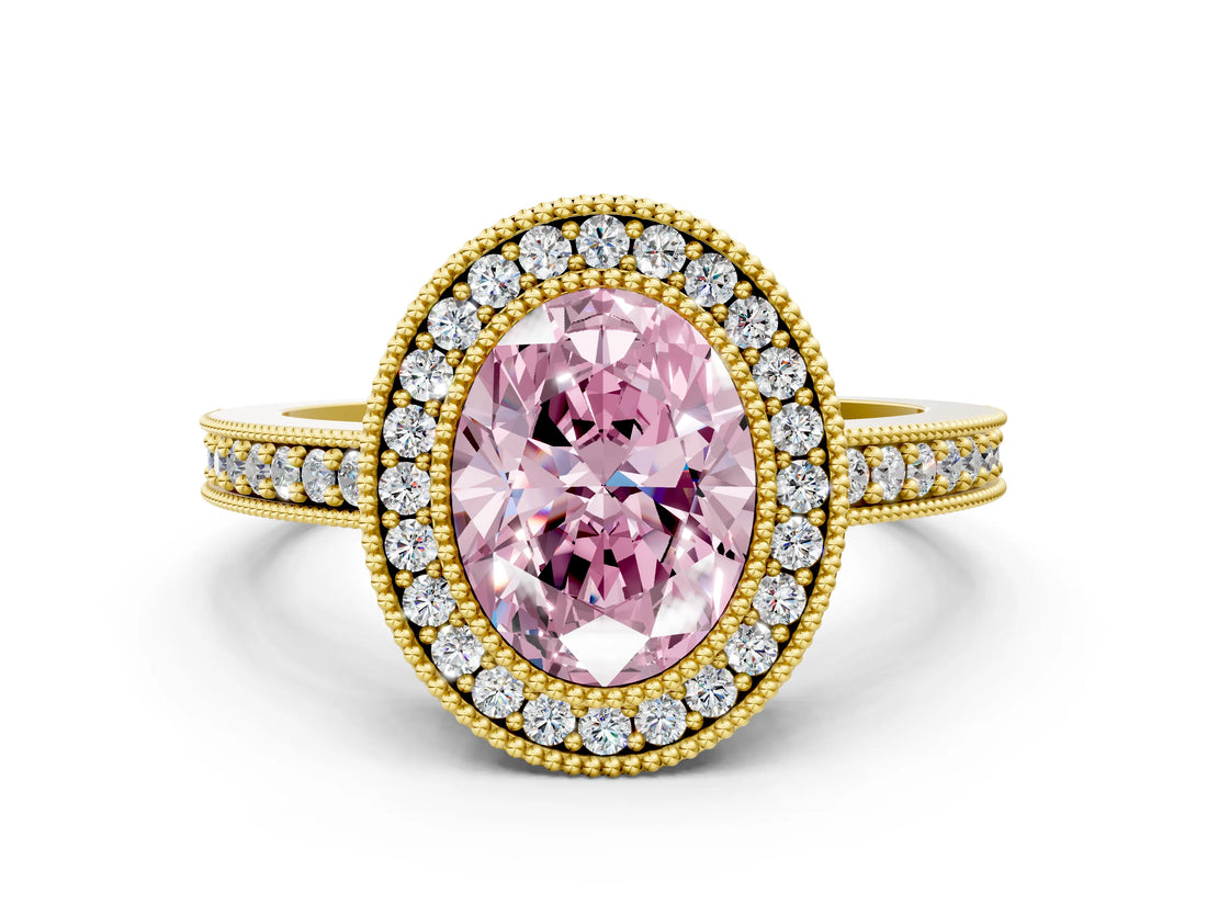 Yellow gold Fancy Pink Oval Cut-Cut Diamond Halo Engagement Ring with Pave Band and Prong Setting