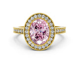 Yellow gold Fancy Pink Oval Cut-Cut Diamond Halo Engagement Ring with Pave Band and Prong Setting