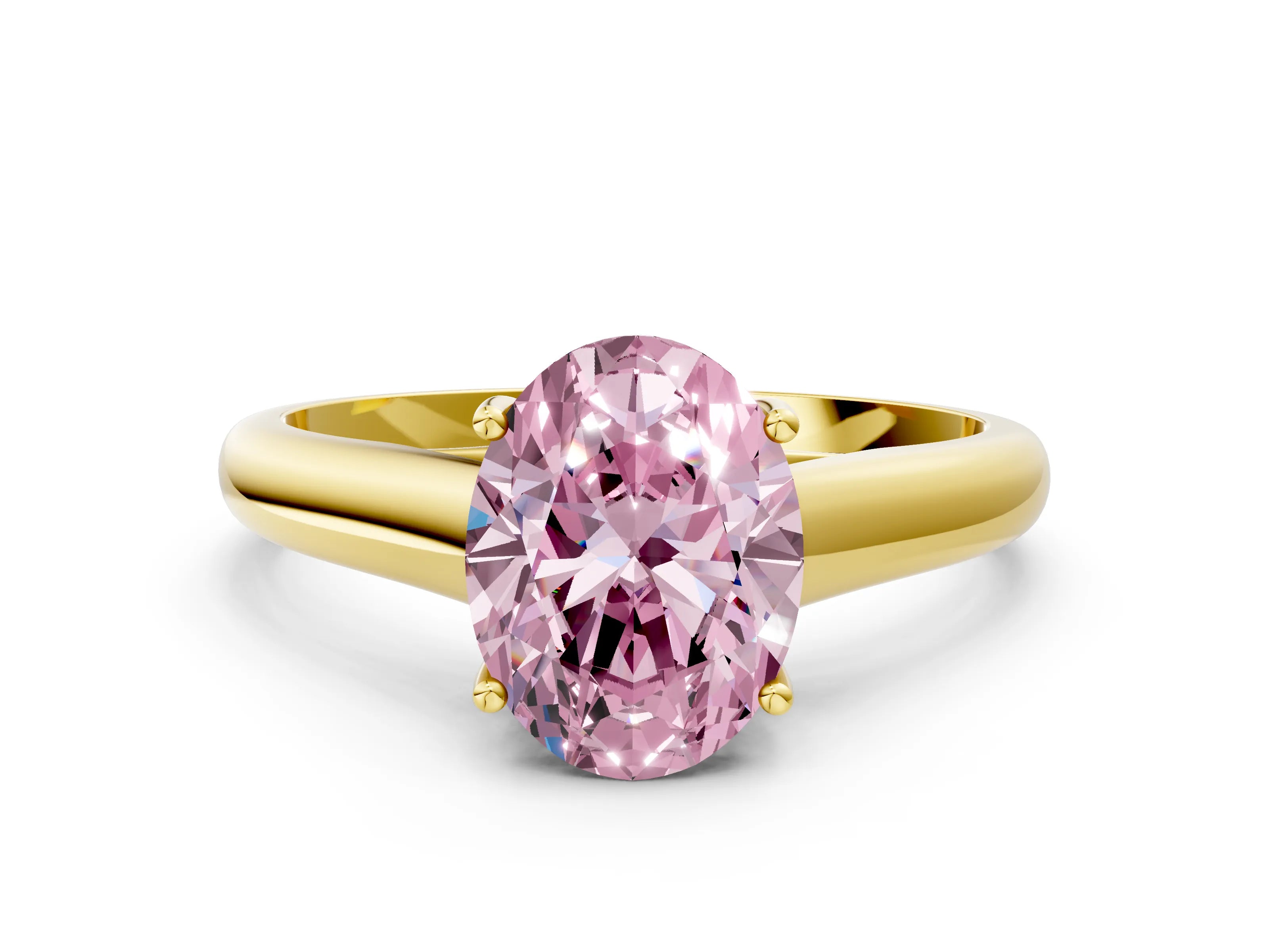 Yellow gold Fancy Pink Oval Cut Cut Diamond Solitaire Engagement Ring with Tapered Plain Band and Four-Prong Setting