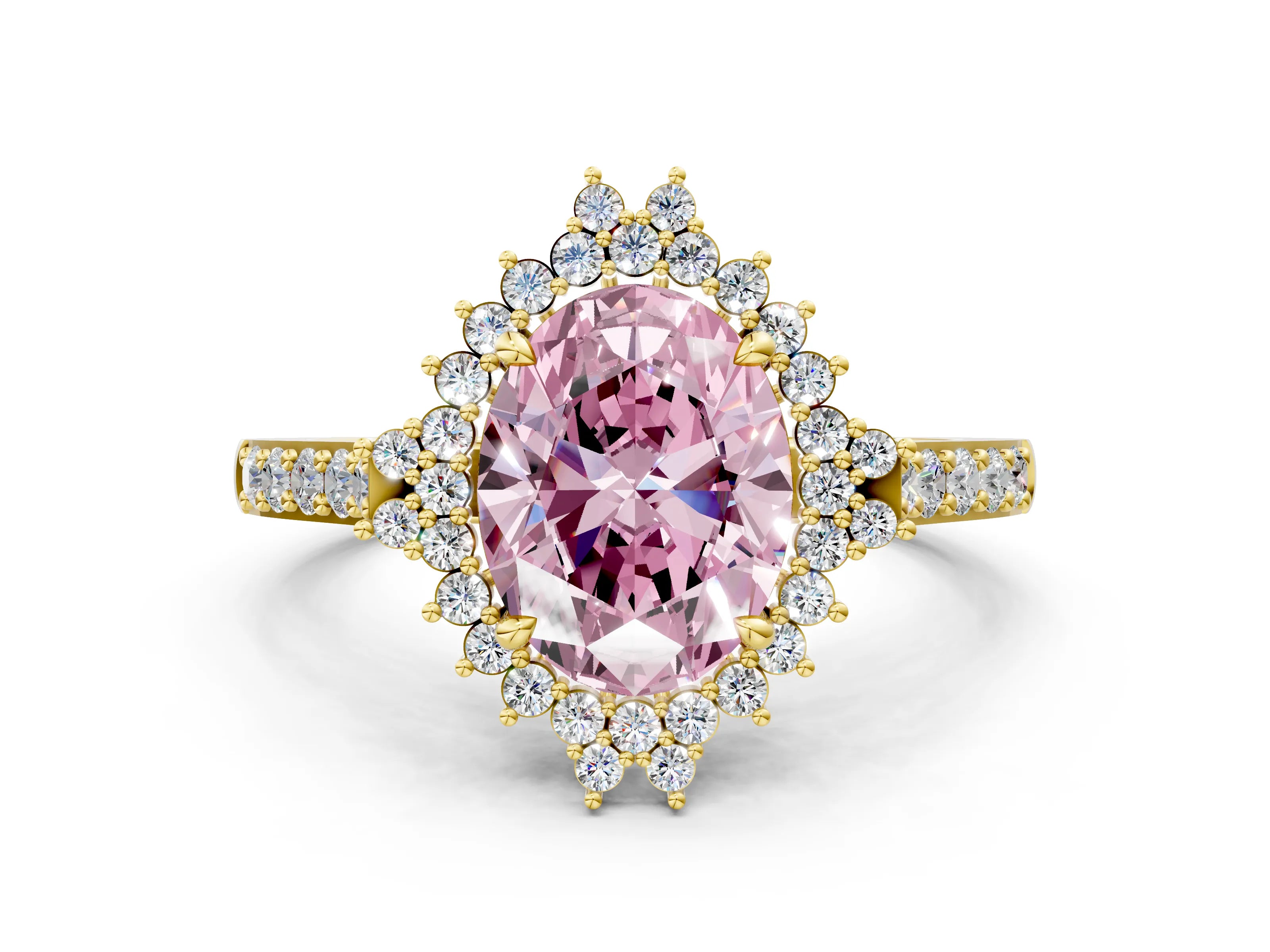 Yellow gold Fancy Pink Oval Cut Cut Diamond Sunburst Halo Engagement Ring with Pavé Band