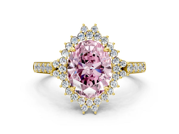 Yellow gold Fancy Pink Oval Cut Cut Diamond Sunburst Halo Engagement Ring with Pavé Band