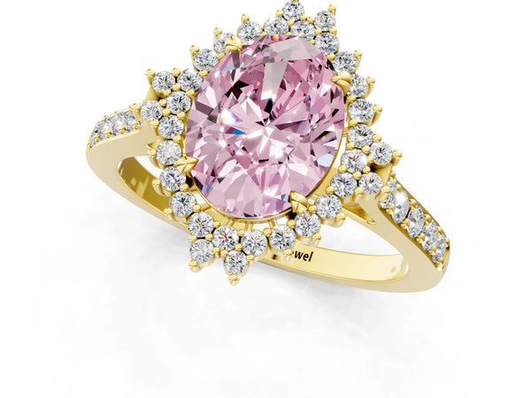 Yellow gold Fancy Pink Oval Cut Cut Diamond Sunburst Halo Engagement Ring with Pavé Band