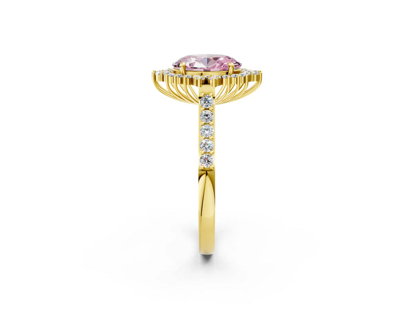 Yellow gold Fancy Pink Oval Cut Cut Diamond Sunburst Halo Engagement Ring with Pavé Band