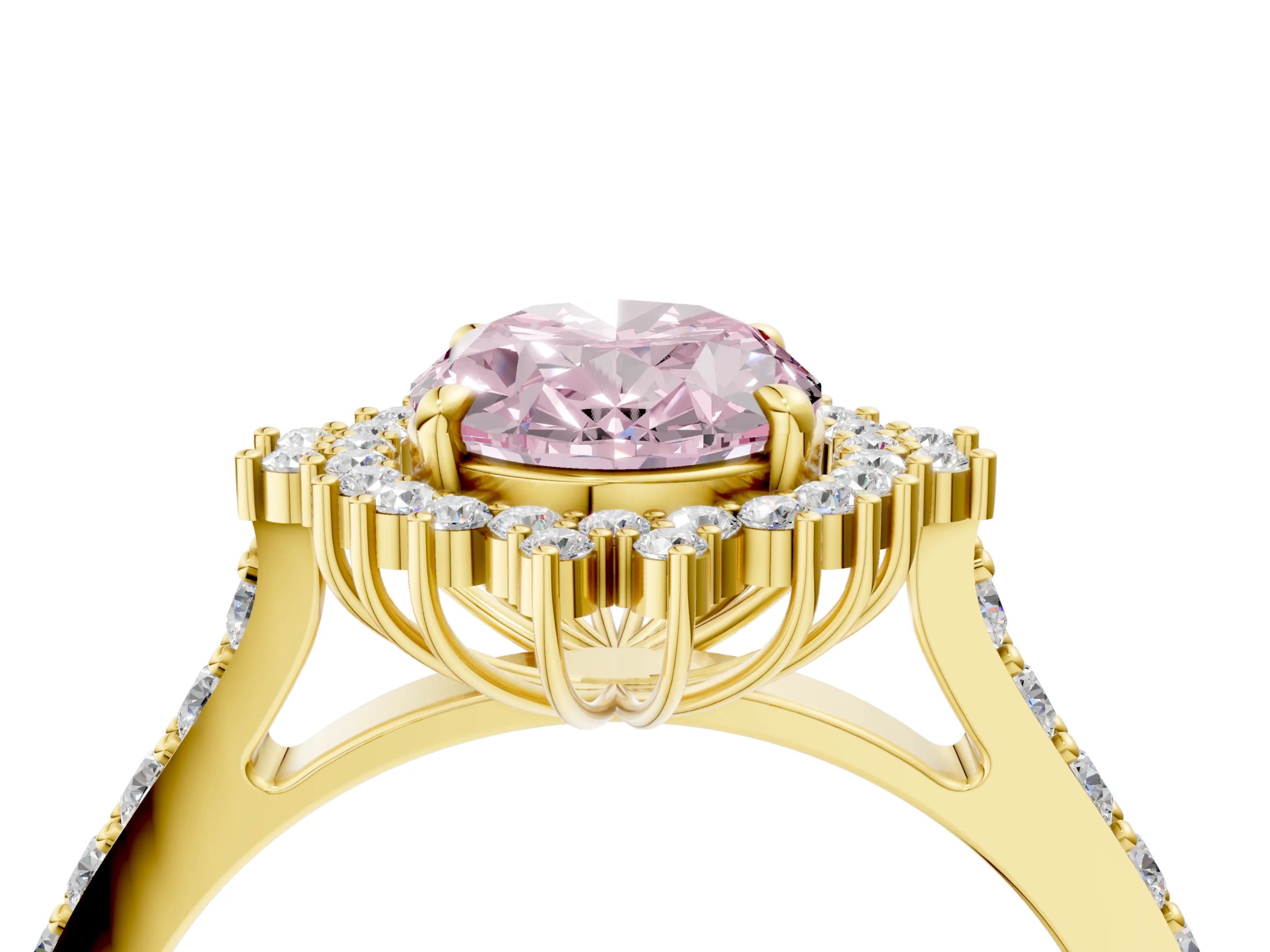Yellow gold Fancy Pink Oval Cut Cut Diamond Sunburst Halo Engagement Ring with Pavé Band_4