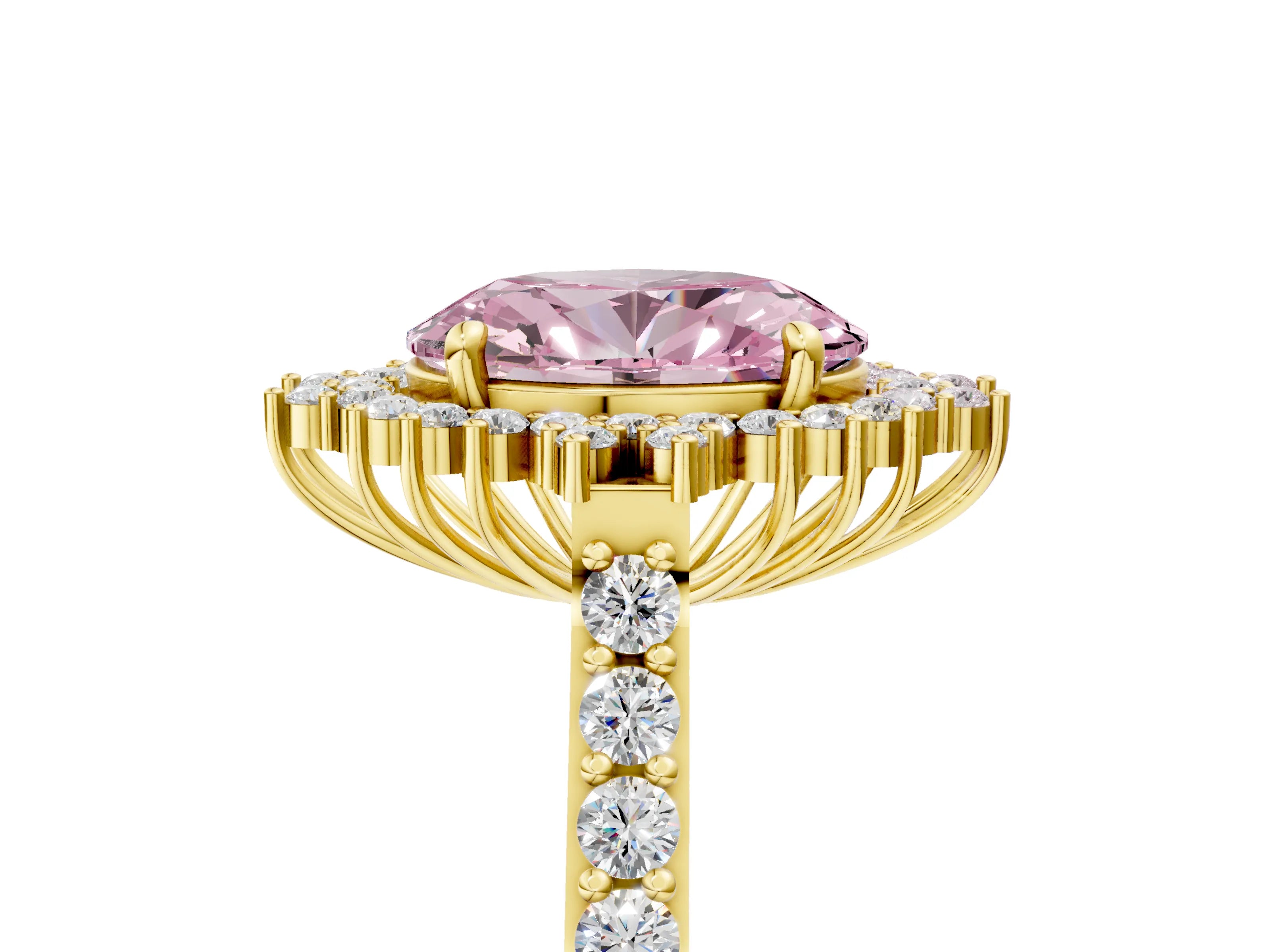 Yellow gold Fancy Pink Oval Cut Cut Diamond Sunburst Halo Engagement Ring with Pavé Band_5