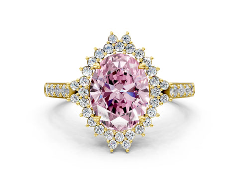 Yellow gold Fancy Pink Oval Cut Cut Diamond Sunburst Halo Engagement Ring with Pavé Band