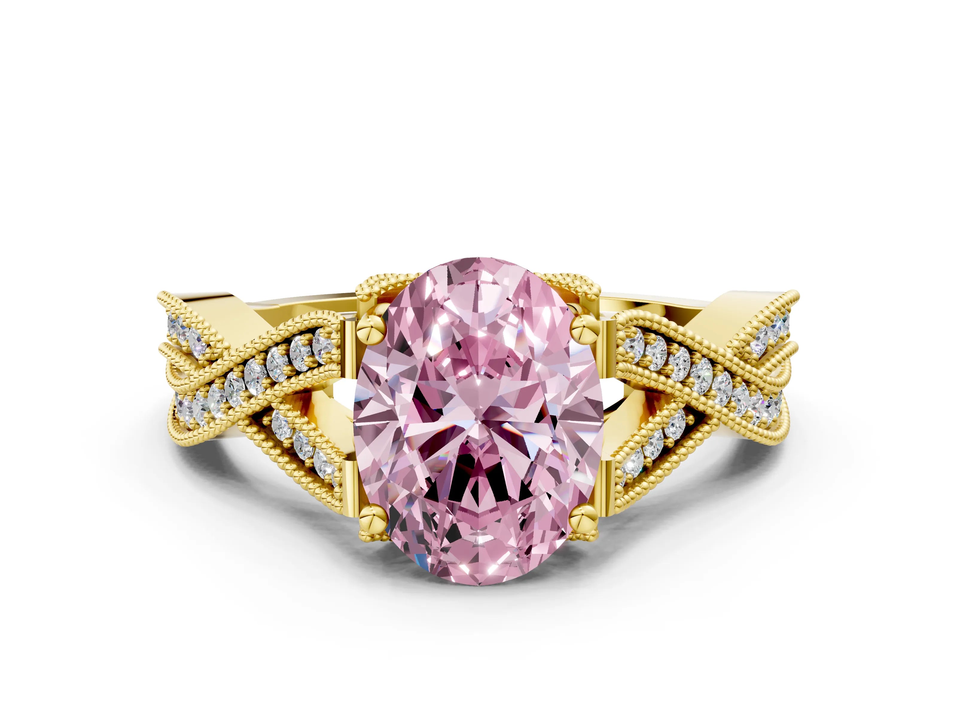 Yellow gold Fancy Pink Oval Cut Cut Diamond Twisted Band with Milgrain Pave Setting and Four-Prong Setting