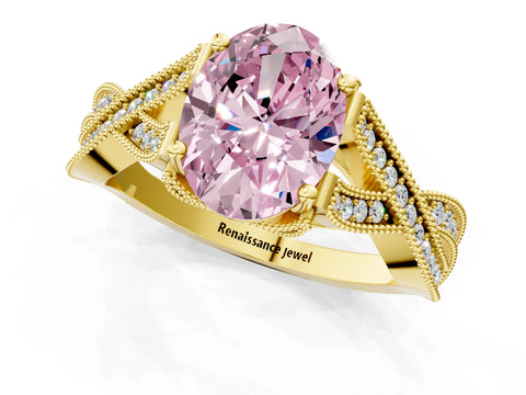 Yellow gold Fancy Pink Oval Cut Cut Diamond Twisted Band with Milgrain Pave Setting and Four-Prong Setting_1