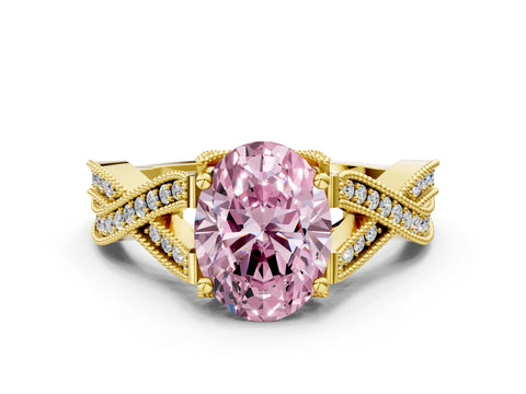 Yellow gold Fancy Pink Oval Cut Cut Diamond Twisted Band with Milgrain Pave Setting and Four-Prong Setting