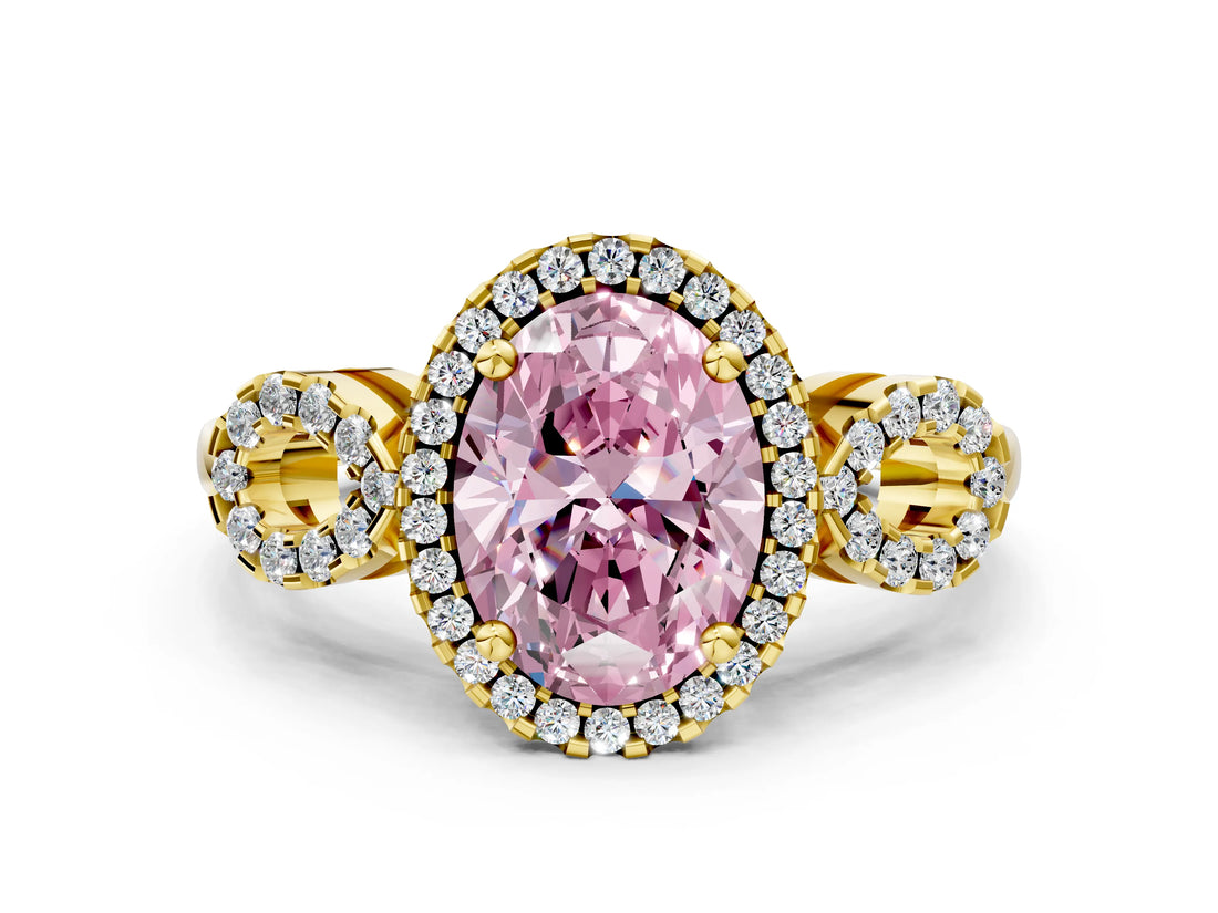 Yellow gold Fancy Pink Oval Cut Cut Halo Diamond Infinity Band with Four-Prong Setting