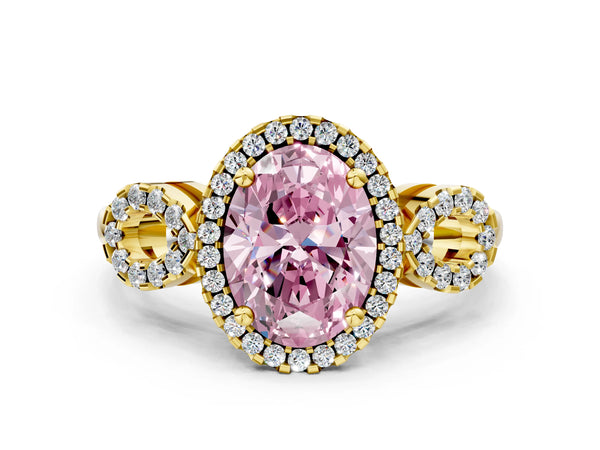 Yellow gold Fancy Pink Oval Cut Cut Halo Diamond Infinity Band with Four-Prong Setting